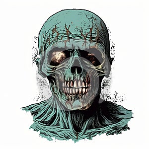 Accurate And Detailed Zombie Skull Illustration In Light Cyan And Bronze