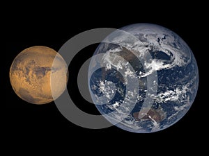 Accurate size comparison of Earth and Mars. Planet of Solar System