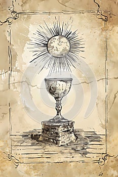 Ace of cups tarot card drawing in rustic inks
