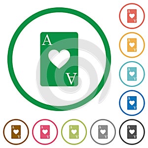 Ace of hearts card flat icons with outlines