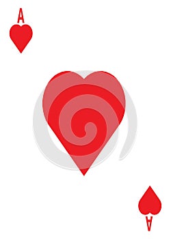 The ace of hearts card in a regular 52 card poker playing deck