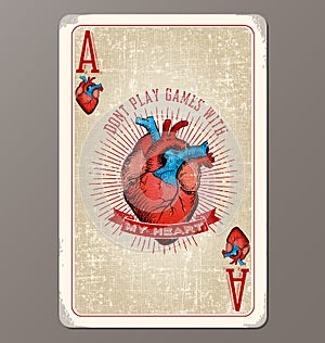 Ace of Hearts vintage playing card with human heart illustration