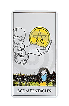 Ace of Pentacles isolated on white. Tarot card photo