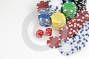 Ace playing cards with red dice. Poker chips on the white background