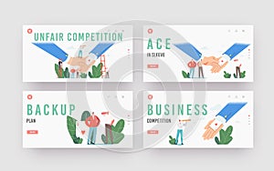 Ace in Sleeve, Unfair Competition Landing Page Template Set. Business Characters Cheating, Advantage in Business