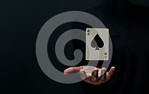 Ace Spade Playing Card. Levitating Poker Card on Hand. Front View