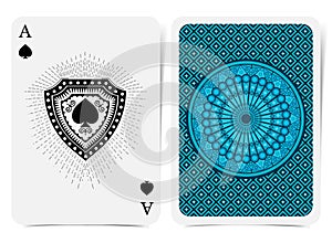 Ace of spades face and back side with blue suit. Vector card template