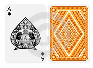 Ace of spades face with crown and two lions with floral pattern inside spades form and back with gold yellow geometrical texture o