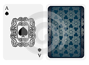 Ace of spades face with spades inside florar square pattern and back side with blue and silver pattern suit. Vector card template