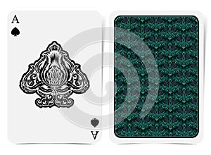 Ace of spades face with thistle plant pattern and back with green floral pattern on dark suit.