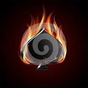 Ace of spades and fire flames. Burning poker label.