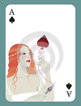 Ace of spades inspired by the story of Sleeping Beauty. Beautiful girl with a spindle in her hand unraveling a spade