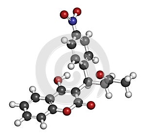 Acenocoumarol anticoagulant drug molecule vitamin K antagonist. 3D rendering. Atoms are represented as spheres with conventional