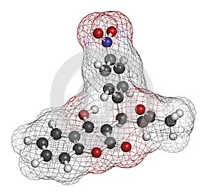 Acenocoumarol anticoagulant drug molecule vitamin K antagonist. 3D rendering. Atoms are represented as spheres with conventional