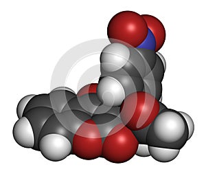 Acenocoumarol anticoagulant drug molecule vitamin K antagonist. 3D rendering. Atoms are represented as spheres with conventional