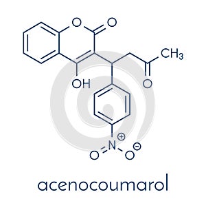 Acenocoumarol anticoagulant drug molecule vitamin K antagonist. Skeletal formula.