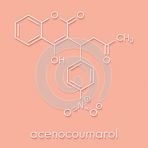 Acenocoumarol anticoagulant drug molecule vitamin K antagonist. Skeletal formula.