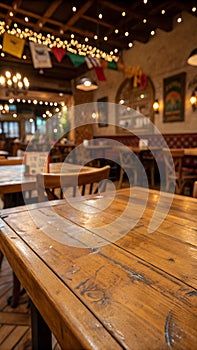 Acercamiento a una mesa rÃÂºstica de madera vacÃÂ­a en un hermoso restaurante mexicano photo