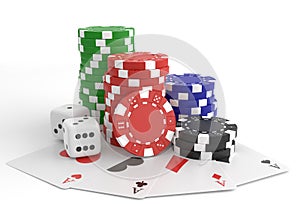 Aces lying near realistic casino chips or playing cards of different suits and stack of gambling  tokens for blackjack or sport po