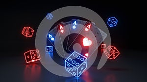 Aces Playing Cards and Dices With Glowing Neon Lights Isolated On The Black Background - 3D Illustration