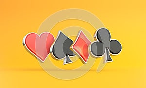 Aces playing cards symbol clubs, diamons, spades and hearts with red and black colors isolated on the yellow background