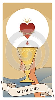 Aces of Tarot Cards. Cups. Hand holding a golden cup under a symbolic heart surrounded by thorns. Waves of water in the background