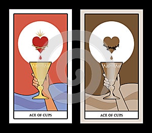 Aces of Tarot Cards. Cups. Hand holding a golden cup under a symbolic heart surrounded by thorns. Waves of water in the background