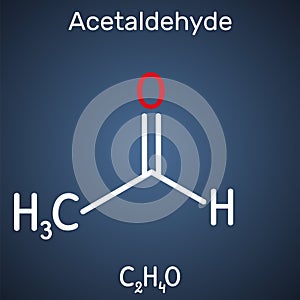 Acetaldehyde, ethanal, CH3CHO molecule. It is ketone, is used in the manufacture of acetic acid, perfumes, dyes, drugs, as a