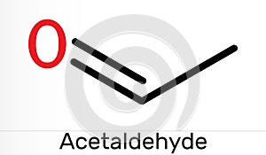 Acetaldehyde, ethanal, CH3CHO molecule. It is ketone, is used in the manufacture of acetic acid, perfumes, dyes, drugs, as a