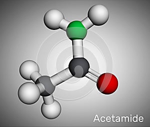 Acetamide, ethanamide molecule. It is a monocarboxylic acid amide. Molecular model. 3D rendering