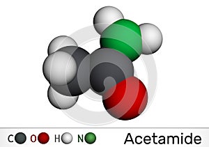 Acetamide, ethanamide molecule. It is a monocarboxylic acid amide. Molecular model. 3D rendering