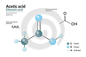 Acetic Acid. Ethanoic Acid. Vinegar. Structural Chemical Formula and 3d Model of Molecule. C2H4O2. Atoms with Color Coding. Vector photo