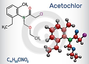 Acetochlor molecule. It is chloroacetanilide, herbicide, a xenobiotic and an environmental contaminant. Structural chemical