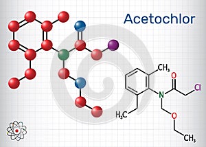 Acetochlor molecule. It is chloroacetanilide, herbicide, a xenobiotic and an environmental contaminant. Structural chemical photo