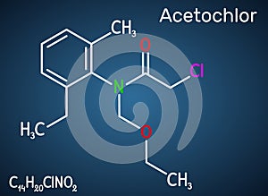 Acetochlor molecule. It is chloroacetanilide, herbicide, a xenobiotic and an environmental contaminant. Structural chemical photo