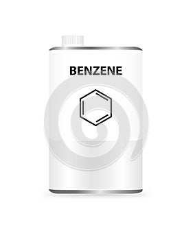 Vector metal liquid container can with benzene. Illustration of a chemical solvent. photo
