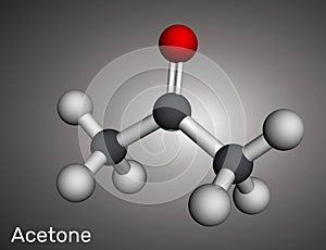 Acetone ketone molecule. It is organic solvent. Molecular model. 3D rendering