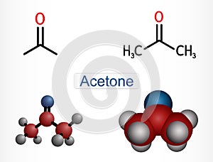 Acetone ketone molecule. It is organic solvent. Structural chemical formula and molecule model photo