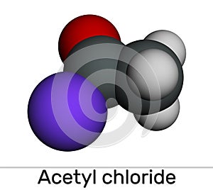 Acetyl chloride molecule. It is acyl chloride, acyl halide. Molecule model. Molecular model. 3D rendering