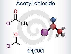 Acetyl chloride molecule. It is acyl chloride, acyl halide. Structural chemical formula and molecule model. Vector photo