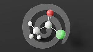 acetyl chloride molecule, molecular structure, acyl chloride, ball and stick 3d model, structural chemical formula with colored