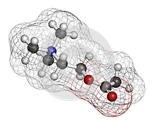 Acetylchloline (ACh) neurotransmitter molecule. Atoms are represented as spheres with conventional color coding: hydrogen (white photo