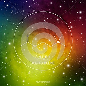 Acetylcholine neuro transmitter molecule and formula in front of cosmis background. Brain chemistry infographic