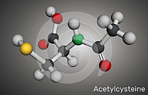 Acetylcysteine, N-acetylcysteine, NAC drug molecule. It is an antioxidant and glutathione inducer. Molecular model. 3D rendering