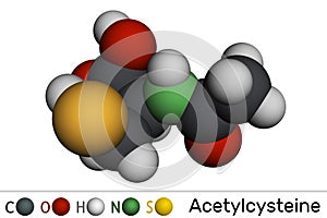 Acetylcysteine, N-acetylcysteine, NAC drug molecule. It is an antioxidant and glutathione inducer. Molecular model. 3D rendering