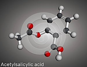 Acetylsalicylic acid, aspirin, ASA molecule. It is salicylate, analgesic and antipyretic drug. Molecular model. 3D rendering