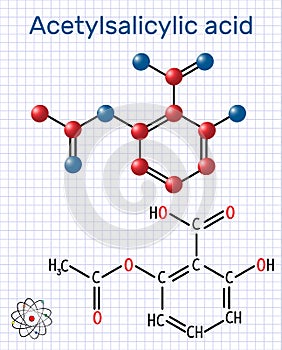 Acetylsalicylic acid aspirin, ASA molecule. Structural chemica