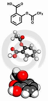 Acetylsalicylic acid (aspirin) pain relief drug molecule, molecular model photo