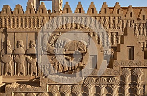 Achaemenid Bas Relief on Side Panels of Staircase to the castle in Persepolis of Shiraz