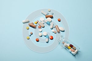 Aches and pains concept, medicine background. Pharmacy vitamins in pill